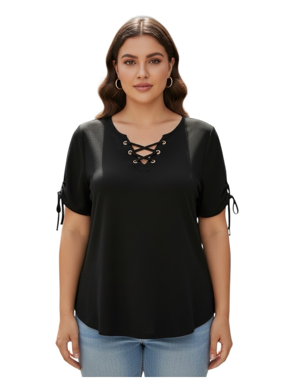 Love Plus Size 2X Crisscross Lace-Up Short Sleeve Top - Black